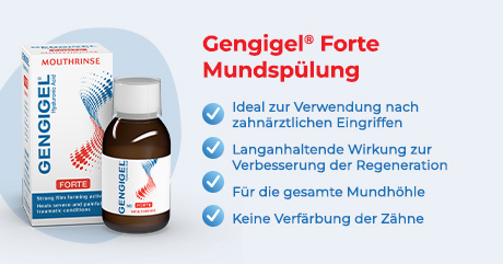 Mundspülung und Verpackung. Produktname und Logo. Aufzählung von Vorteilen nach zahnärztlichen Eingriffen.